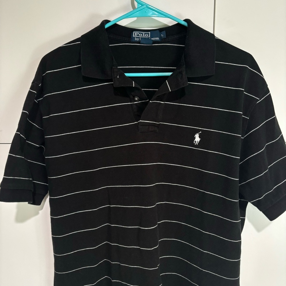 Vintage Polo Ralph Lauren Mens Polo Shirt Large Black White Stripe Short Sleeve